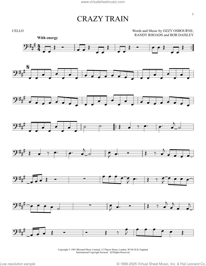 Crazy Train sheet music for cello solo by Ozzy Osbourne, Bob Daisley and Randy Rhoads, intermediate skill level