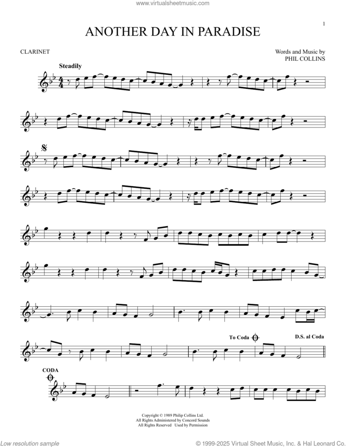 Another Day In Paradise sheet music for clarinet solo by Phil Collins, intermediate skill level