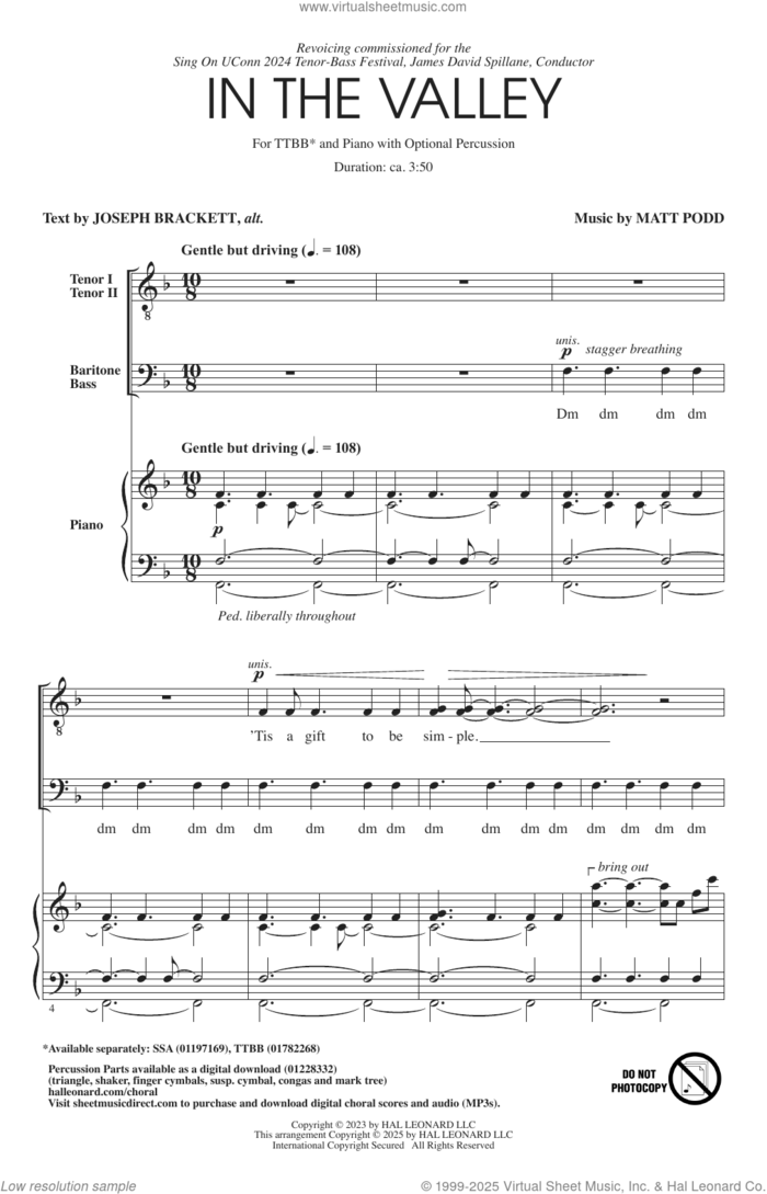 In The Valley sheet music for choir (TTBB: tenor, bass) by Matt Podd and Joseph Brackett, intermediate skill level