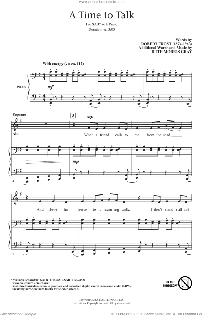 A Time To Talk sheet music for choir (SAB: soprano, alto, bass) by Ruth Morris Gray and Robert Frost, intermediate skill level