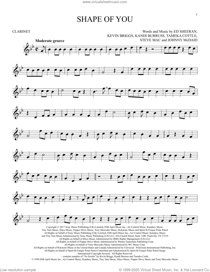 Shape Of You sheet music for clarinet solo by Ed Sheeran, Johnny McDaid, Kandi Burruss, Kevin Briggs, Steve Mac and Tameka Cottle, intermediate skill level