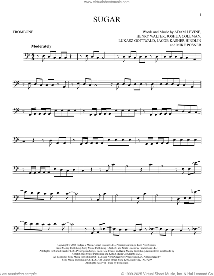 Sugar sheet music for trombone solo by Maroon 5, Adam Levine, Henry Walter, Jacob Kasher Hindlin, Joshua Coleman, Lukasz Gottwald and Mike Posner, intermediate skill level