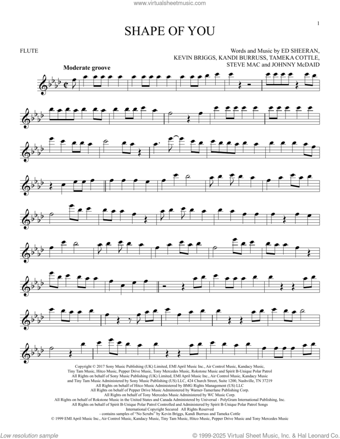 Shape Of You sheet music for flute solo by Ed Sheeran, Johnny McDaid, Kandi Burruss, Kevin Briggs, Steve Mac and Tameka Cottle, intermediate skill level