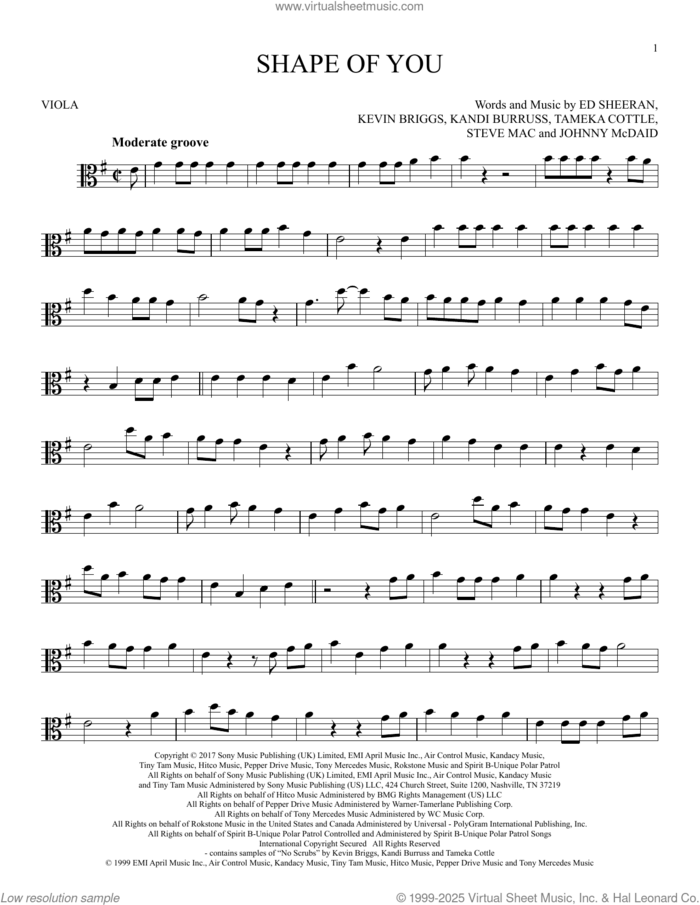 Shape Of You sheet music for viola solo by Ed Sheeran, Johnny McDaid, Kandi Burruss, Kevin Briggs, Steve Mac and Tameka Cottle, intermediate skill level