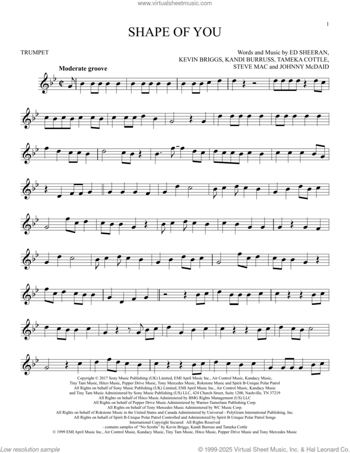 Shape Of You sheet music for trumpet solo by Ed Sheeran, Johnny McDaid, Kandi Burruss, Kevin Briggs, Steve Mac and Tameka Cottle, intermediate skill level