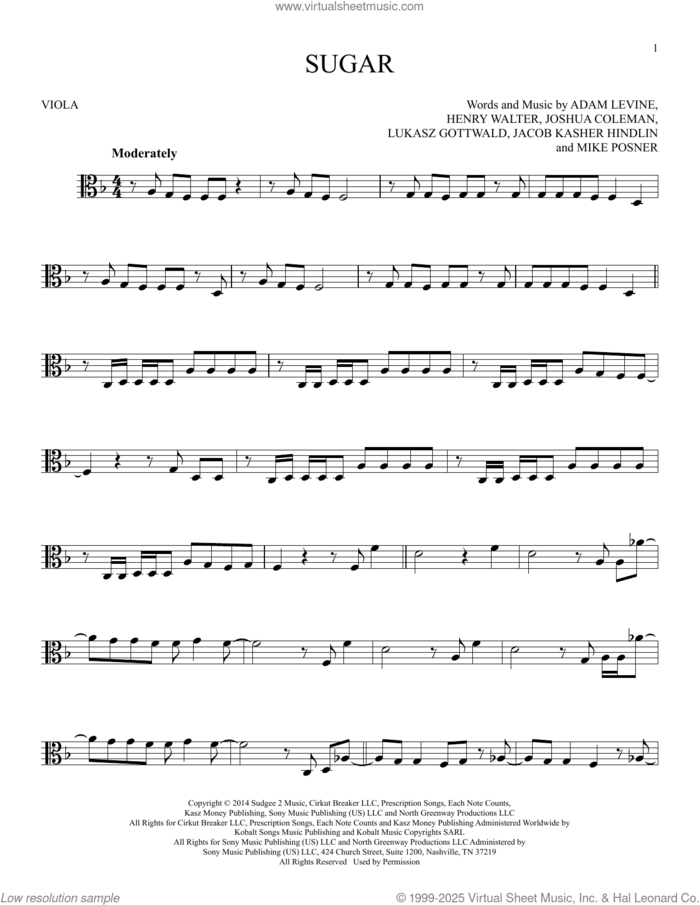 Sugar sheet music for viola solo by Maroon 5, Adam Levine, Henry Walter, Jacob Kasher Hindlin, Joshua Coleman, Lukasz Gottwald and Mike Posner, intermediate skill level