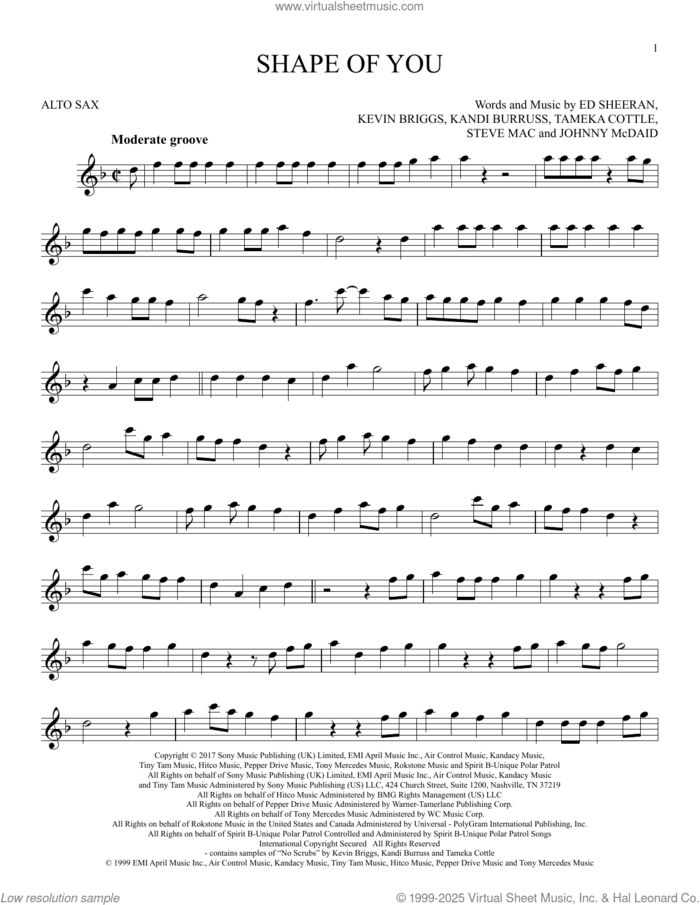 Shape Of You sheet music for alto saxophone solo by Ed Sheeran, Johnny McDaid, Kandi Burruss, Kevin Briggs, Steve Mac and Tameka Cottle, intermediate skill level