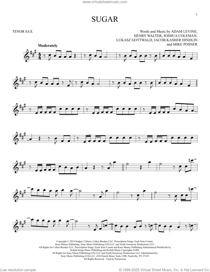 Sugar sheet music for tenor saxophone solo by Maroon 5, Adam Levine, Henry Walter, Jacob Kasher Hindlin, Joshua Coleman, Lukasz Gottwald and Mike Posner, intermediate skill level