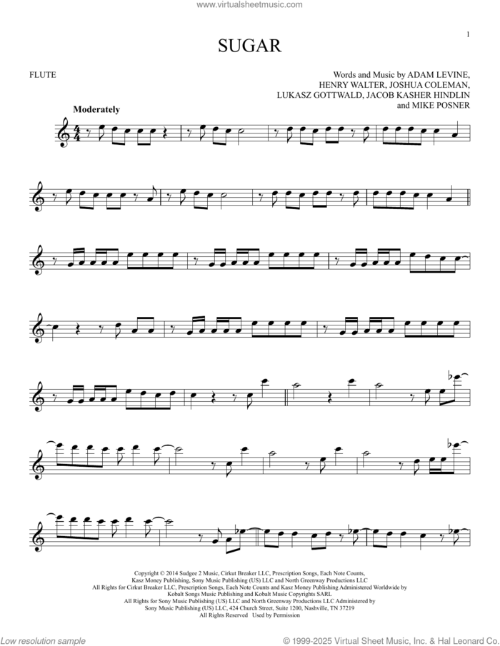 Sugar sheet music for flute solo by Maroon 5, Adam Levine, Henry Walter, Jacob Kasher Hindlin, Joshua Coleman, Lukasz Gottwald and Mike Posner, intermediate skill level