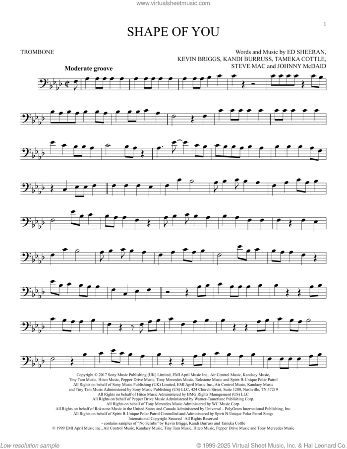 Shape Of You sheet music for trombone solo by Ed Sheeran, Johnny McDaid, Kandi Burruss, Kevin Briggs, Steve Mac and Tameka Cottle, intermediate skill level