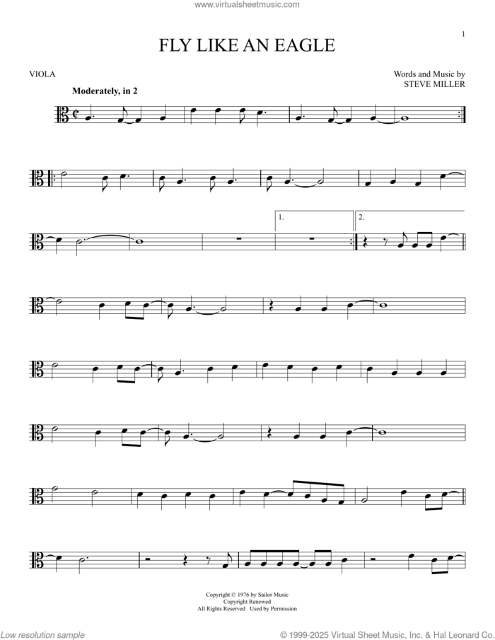 Fly Like An Eagle sheet music for viola solo by Steve Miller Band and Steve Miller, intermediate skill level