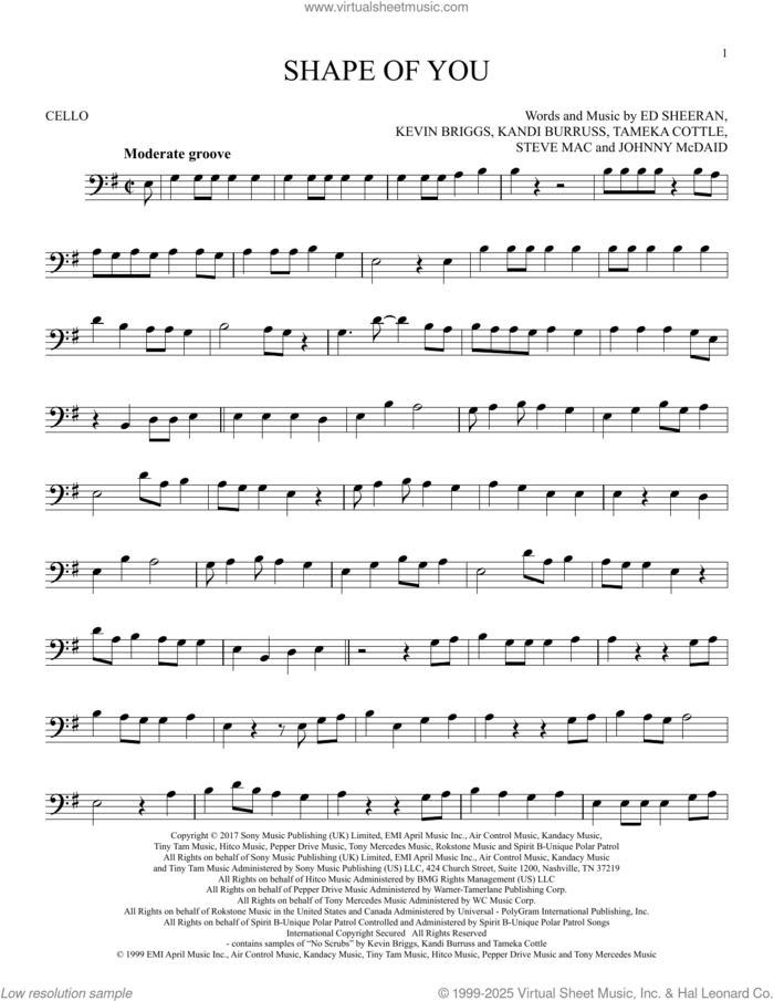 Shape Of You sheet music for cello solo by Ed Sheeran, Johnny McDaid, Kandi Burruss, Kevin Briggs, Steve Mac and Tameka Cottle, intermediate skill level