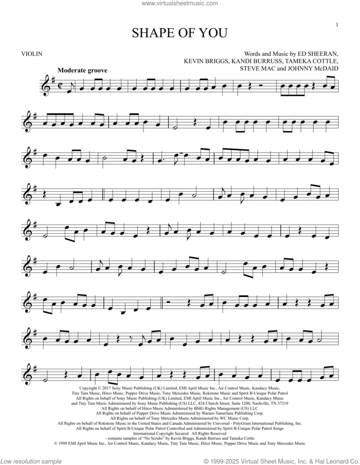 Shape Of You sheet music for violin solo by Ed Sheeran, Johnny McDaid, Kandi Burruss, Kevin Briggs, Steve Mac and Tameka Cottle, intermediate skill level