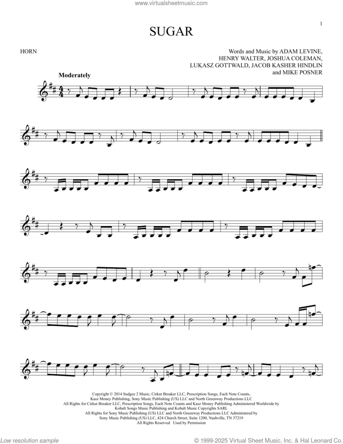 Sugar sheet music for horn solo by Maroon 5, Adam Levine, Henry Walter, Jacob Kasher Hindlin, Joshua Coleman, Lukasz Gottwald and Mike Posner, intermediate skill level