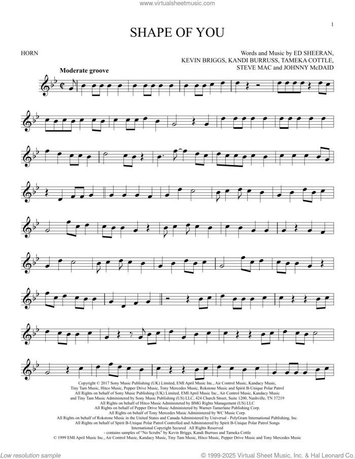 Shape Of You sheet music for horn solo by Ed Sheeran, Johnny McDaid, Kandi Burruss, Kevin Briggs, Steve Mac and Tameka Cottle, intermediate skill level