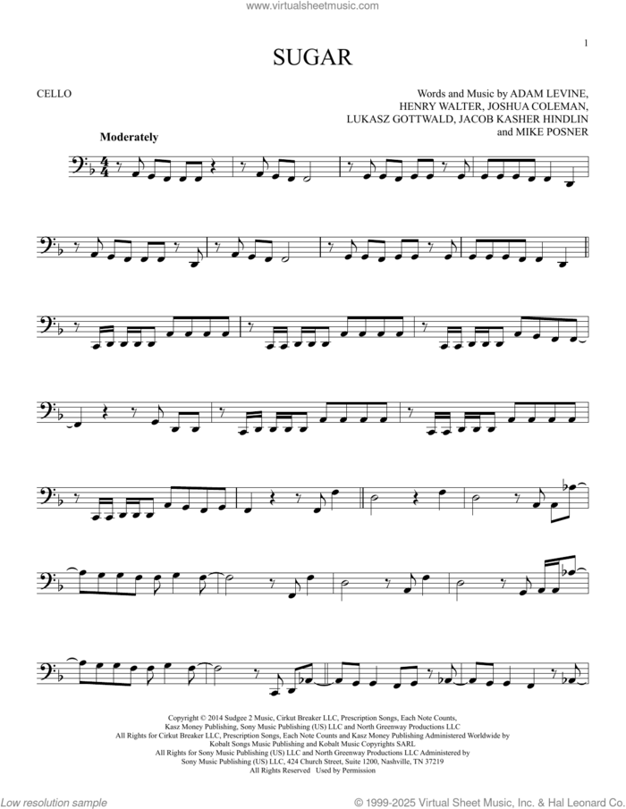 Sugar sheet music for cello solo by Maroon 5, Adam Levine, Henry Walter, Jacob Kasher Hindlin, Joshua Coleman, Lukasz Gottwald and Mike Posner, intermediate skill level