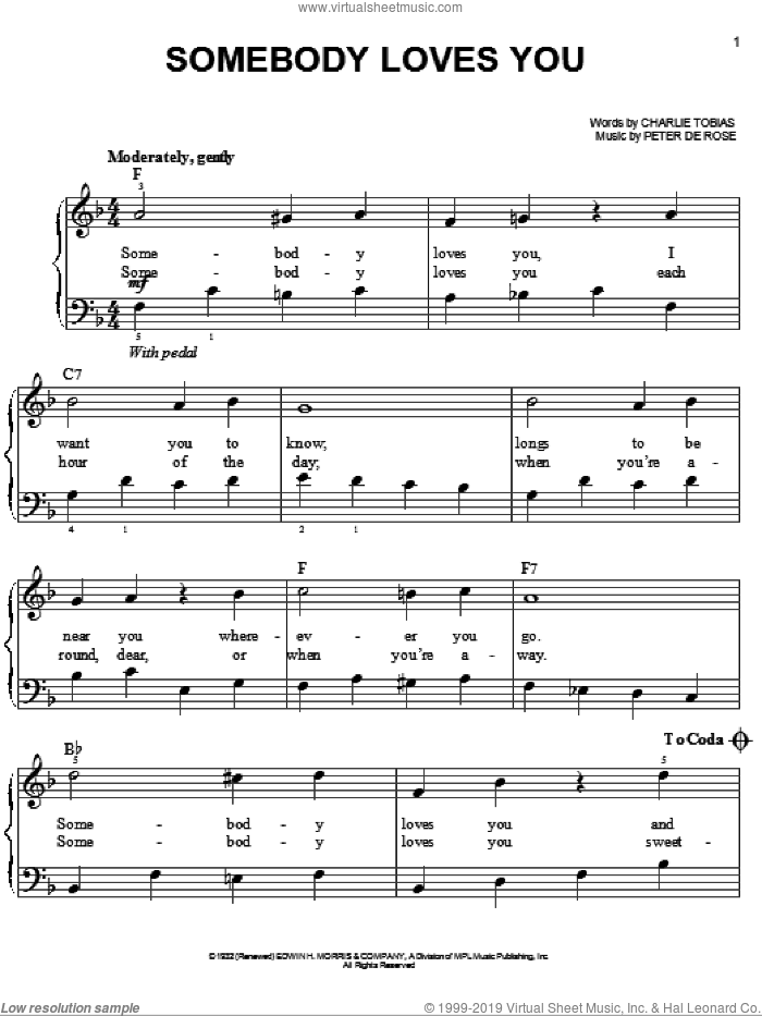 Somebody Loves You sheet music for piano solo by Peter DeRose and Charles Tobias, easy skill level