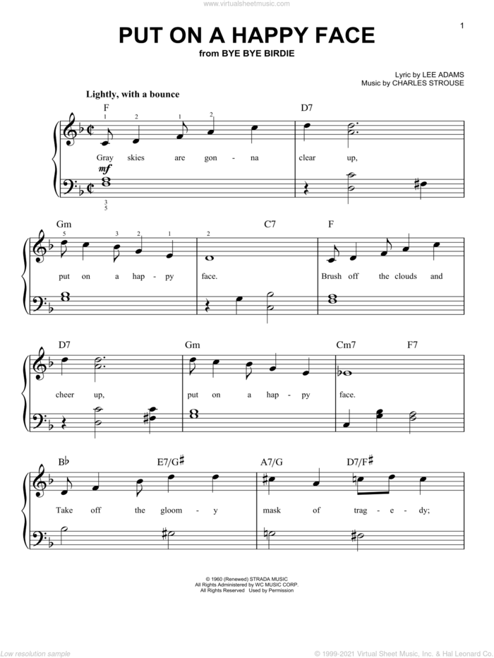 Put On A Happy Face, (easy) sheet music for piano solo by Charles Strouse, Bye Bye Birdie (Musical) and Lee Adams, easy skill level