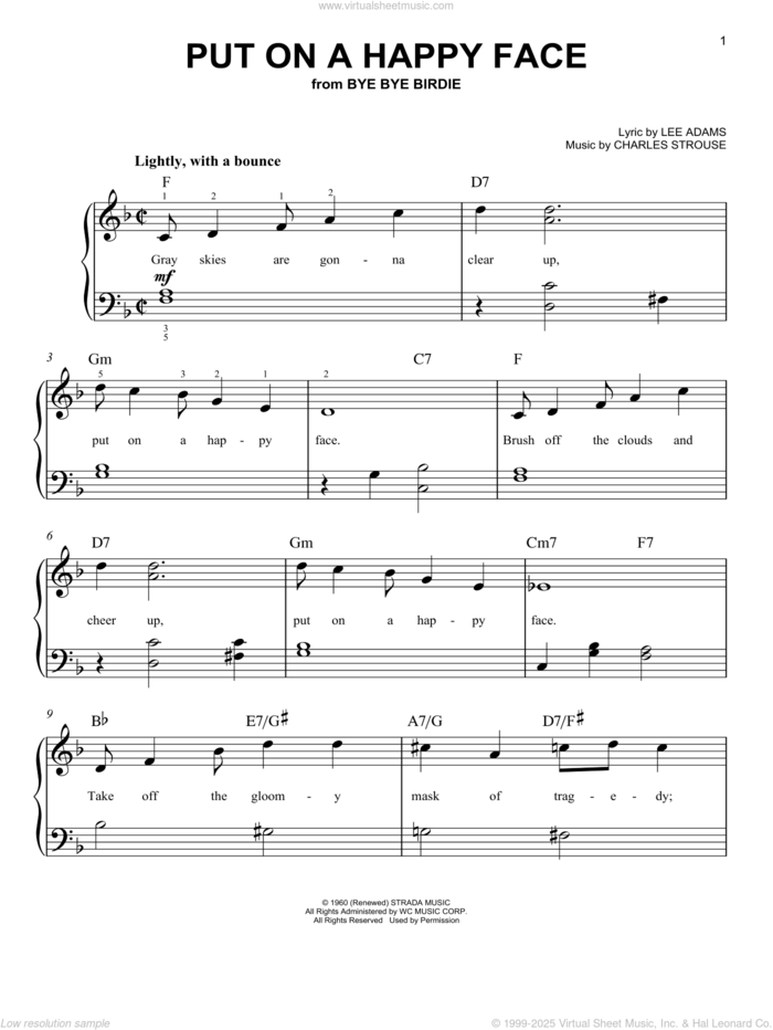 Put On A Happy Face, (easy) sheet music for piano solo by Charles Strouse, Bye Bye Birdie (Musical) and Lee Adams, easy skill level