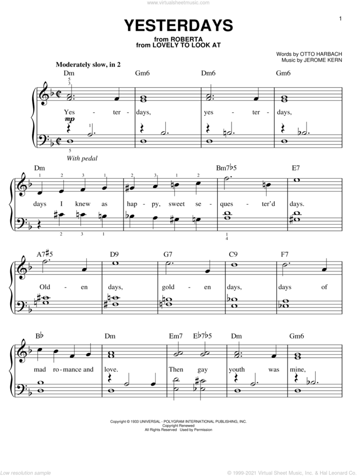 Yesterdays sheet music for piano solo by Jerome Kern and Otto Harbach, easy skill level