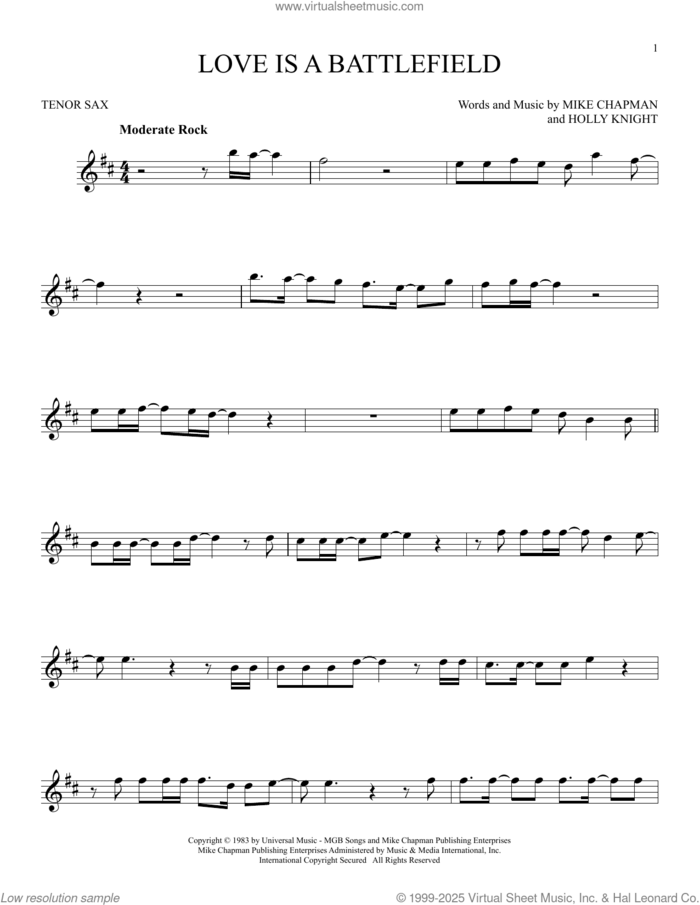 Love Is A Battlefield sheet music for tenor saxophone solo by Pat Benatar, Holly Knight and Mike Chapman, intermediate skill level