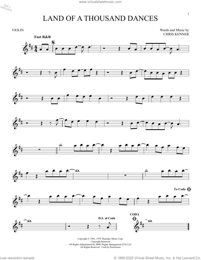 Land Of A Thousand Dances sheet music for violin solo by Wilson Pickett and Chris Kenner, intermediate skill level