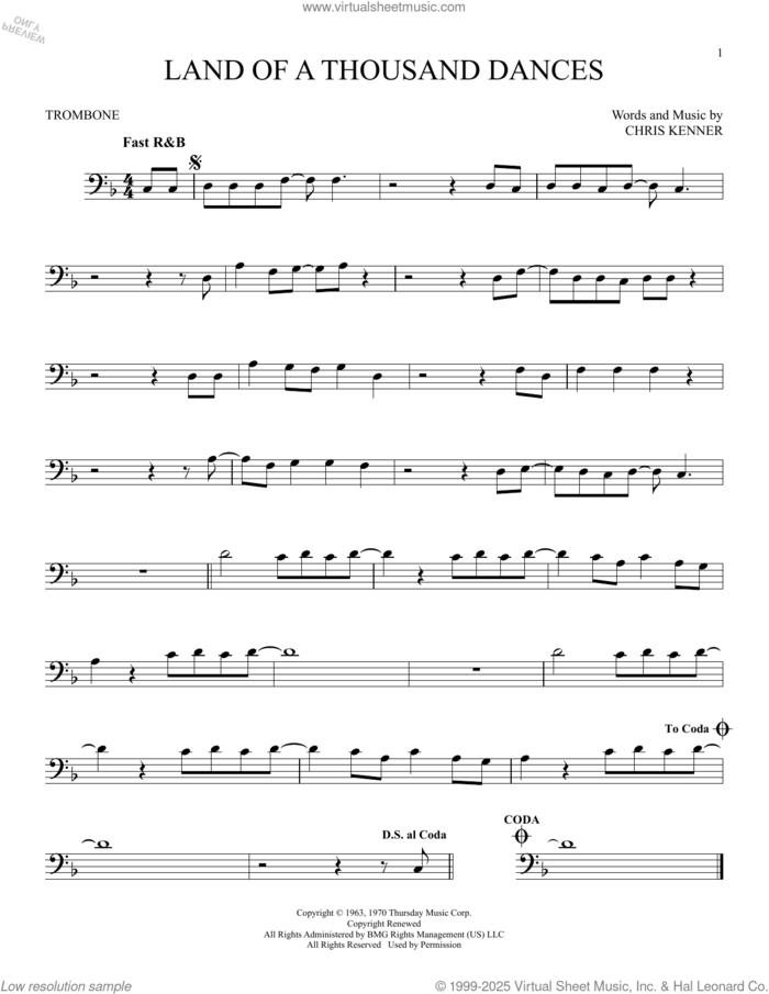 Land Of A Thousand Dances sheet music for trombone solo by Wilson Pickett and Chris Kenner, intermediate skill level