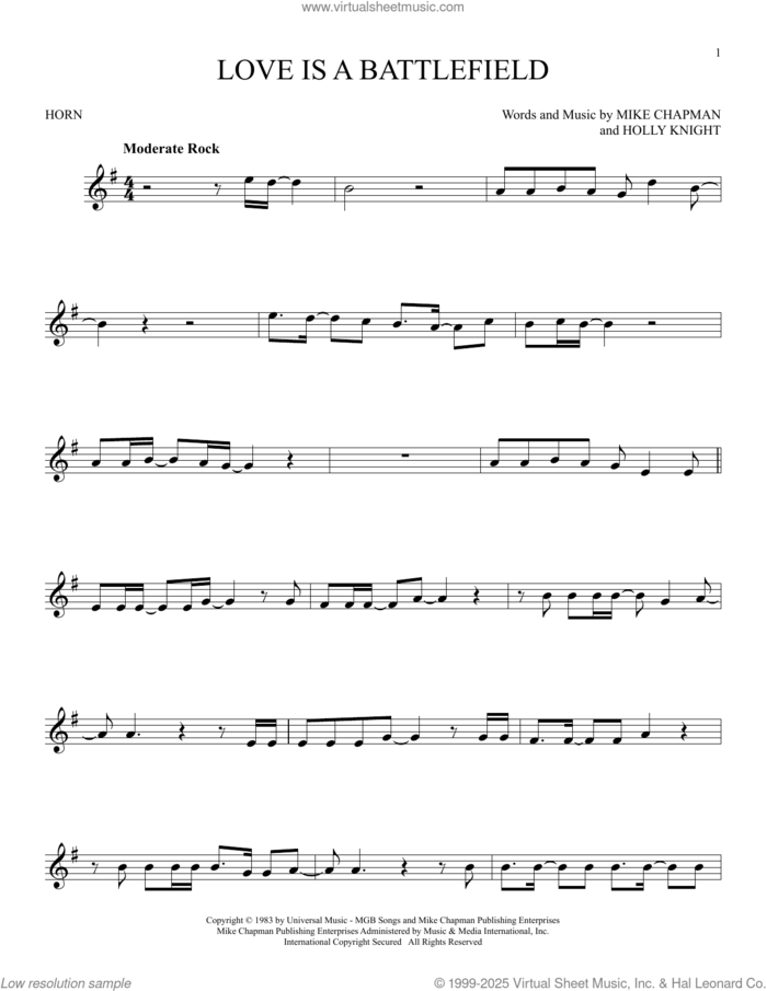 Love Is A Battlefield sheet music for horn solo by Pat Benatar, Holly Knight and Mike Chapman, intermediate skill level