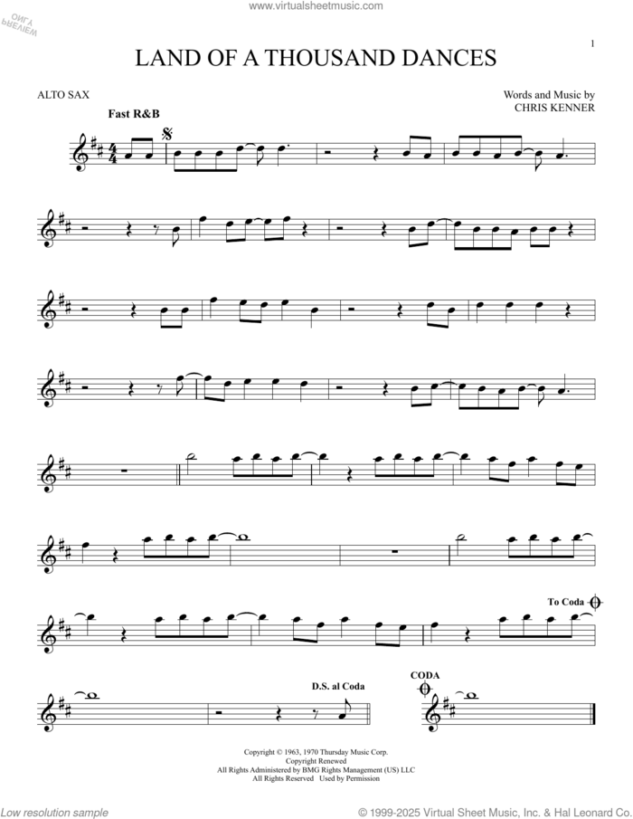 Land Of A Thousand Dances sheet music for alto saxophone solo by Wilson Pickett and Chris Kenner, intermediate skill level