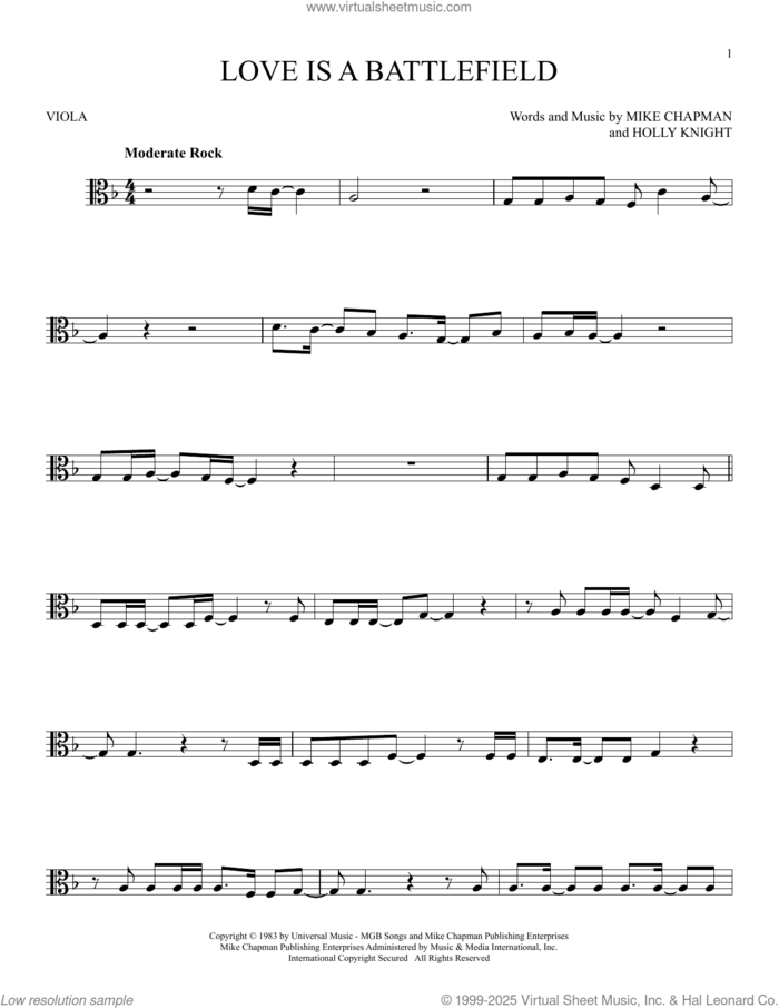 Love Is A Battlefield sheet music for viola solo by Pat Benatar, Holly Knight and Mike Chapman, intermediate skill level