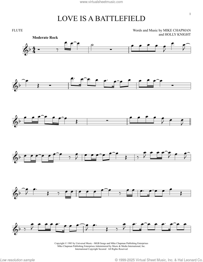 Love Is A Battlefield sheet music for flute solo by Pat Benatar, Holly Knight and Mike Chapman, intermediate skill level