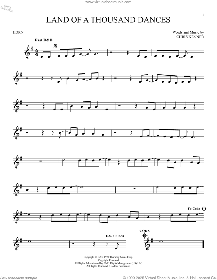 Land Of A Thousand Dances sheet music for horn solo by Wilson Pickett and Chris Kenner, intermediate skill level