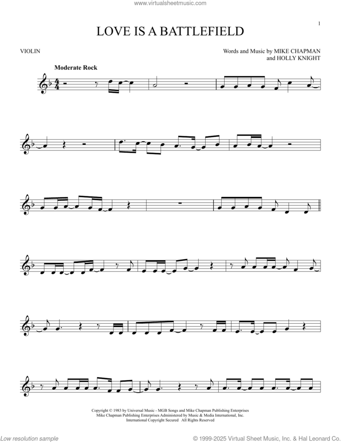 Love Is A Battlefield sheet music for violin solo by Pat Benatar, Holly Knight and Mike Chapman, intermediate skill level