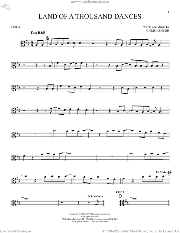 Land Of A Thousand Dances sheet music for viola solo by Wilson Pickett and Chris Kenner, intermediate skill level