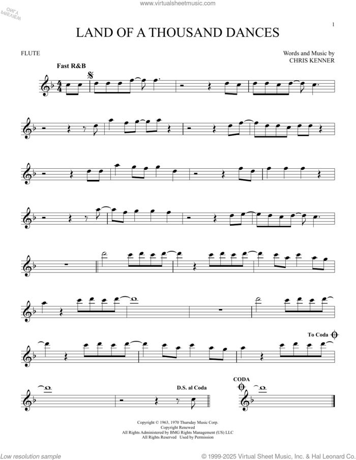 Land Of A Thousand Dances sheet music for flute solo by Wilson Pickett and Chris Kenner, intermediate skill level