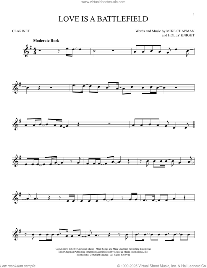 Love Is A Battlefield sheet music for clarinet solo by Pat Benatar, Holly Knight and Mike Chapman, intermediate skill level