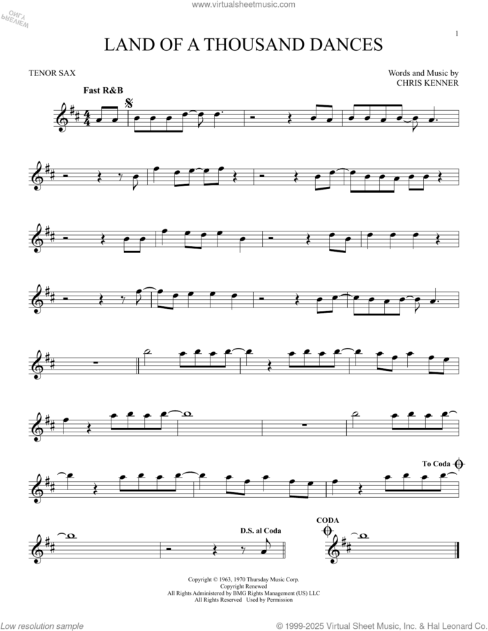 Land Of A Thousand Dances sheet music for tenor saxophone solo by Wilson Pickett and Chris Kenner, intermediate skill level