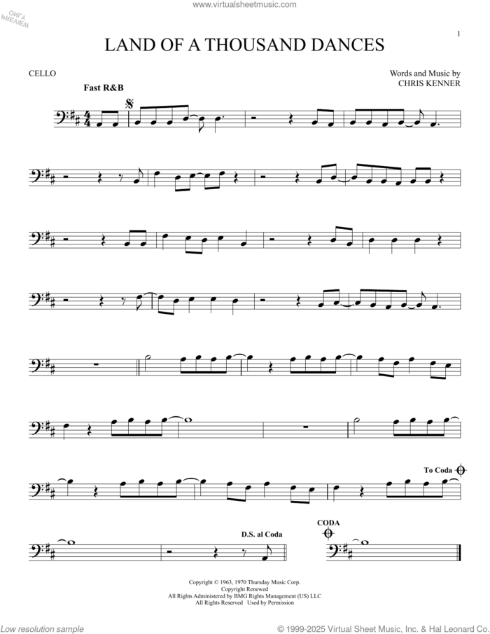 Land Of A Thousand Dances sheet music for cello solo by Wilson Pickett and Chris Kenner, intermediate skill level