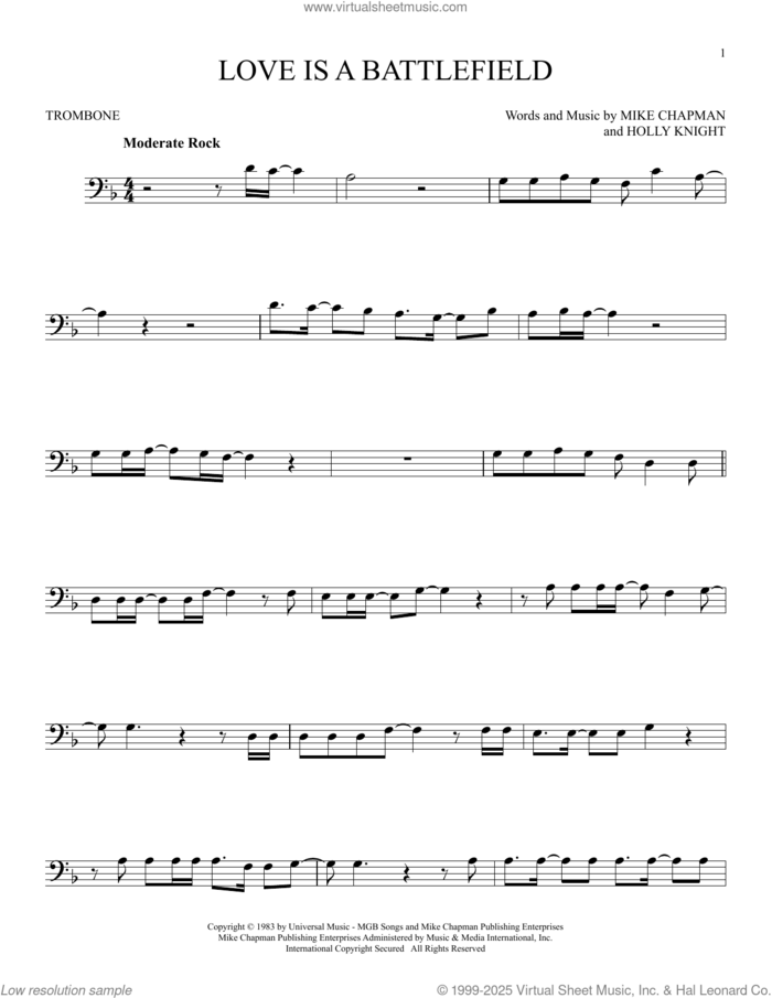 Love Is A Battlefield sheet music for trombone solo by Pat Benatar, Holly Knight and Mike Chapman, intermediate skill level