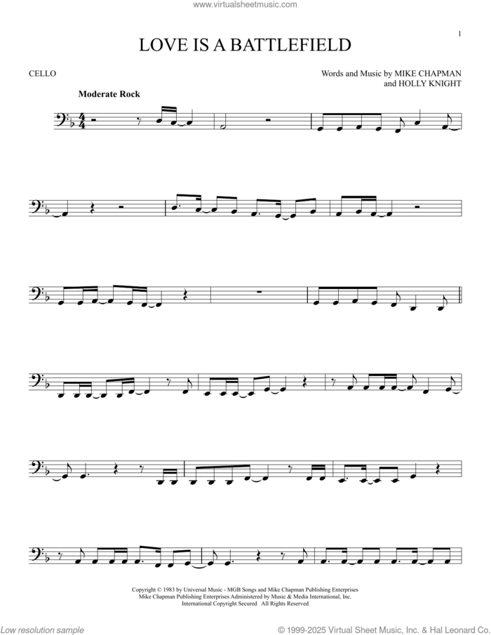 Love Is A Battlefield sheet music for cello solo by Pat Benatar, Holly Knight and Mike Chapman, intermediate skill level