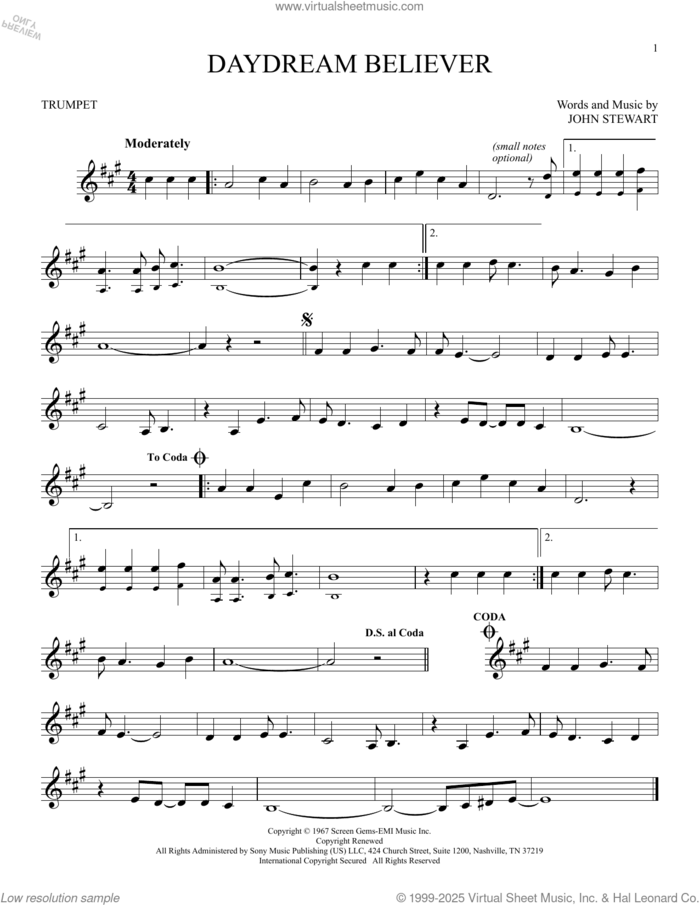 Daydream Believer sheet music for trumpet solo by The Monkees and John Stewart, intermediate skill level