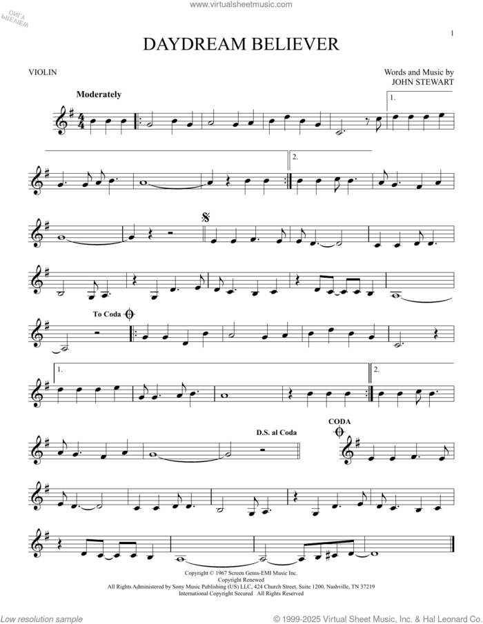 Daydream Believer sheet music for violin solo by The Monkees and John Stewart, intermediate skill level