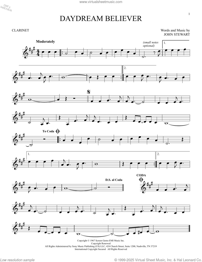 Daydream Believer sheet music for clarinet solo by The Monkees and John Stewart, intermediate skill level