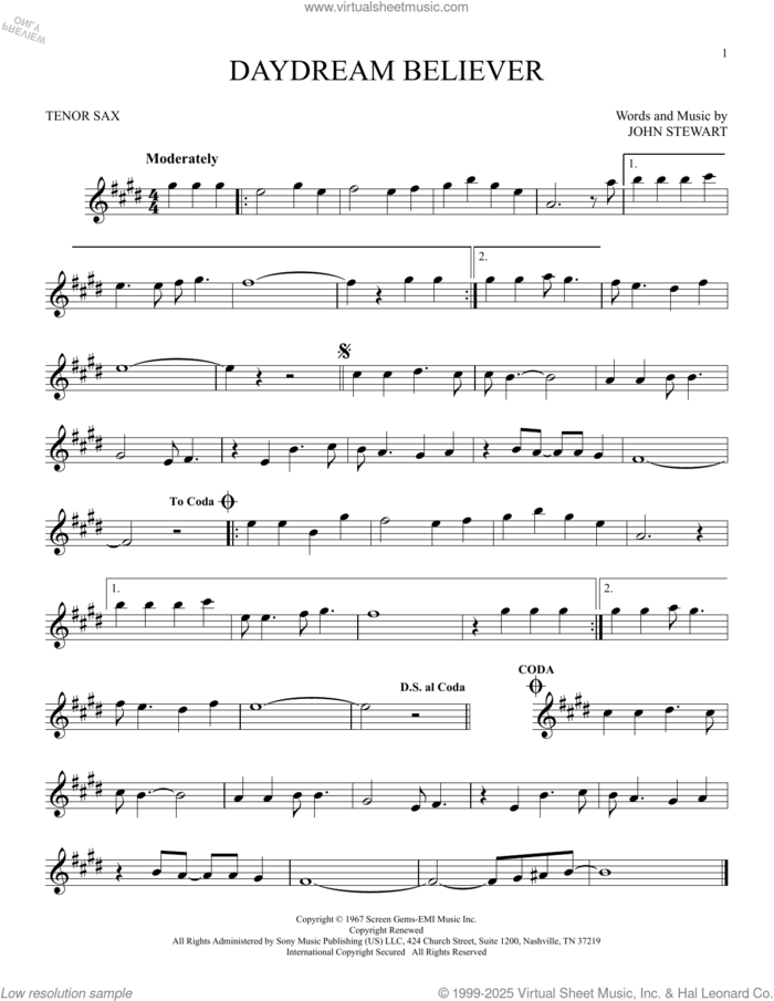 Daydream Believer sheet music for tenor saxophone solo by The Monkees and John Stewart, intermediate skill level