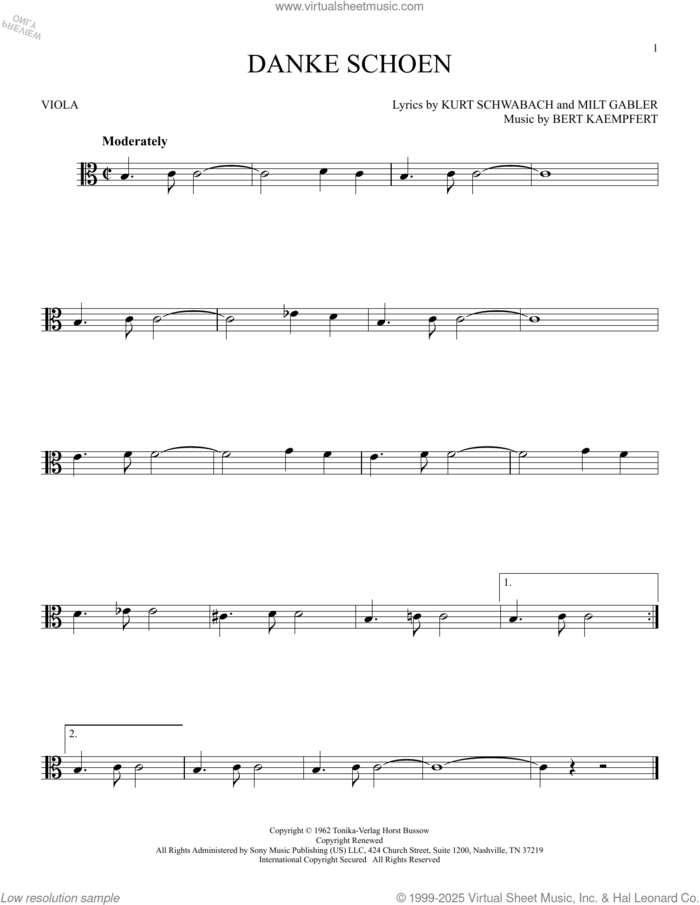 Danke Schoen sheet music for viola solo by Wayne Newton, Bert Kaempfert, Kurt Schwabach and Milt Gabler, intermediate skill level