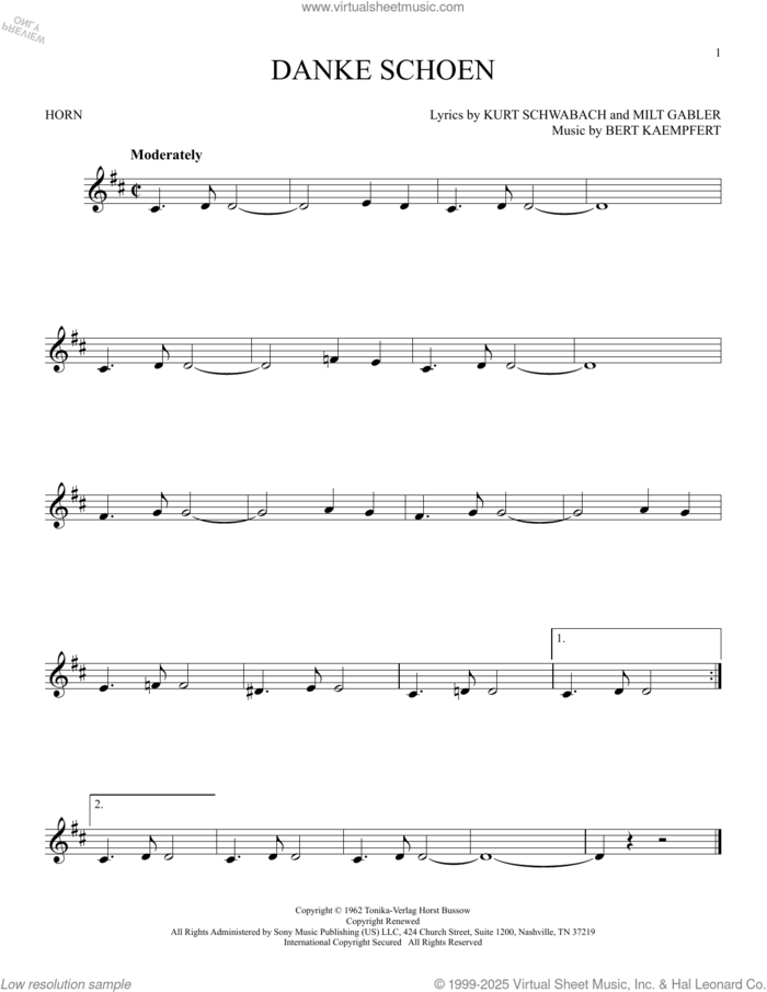 Danke Schoen sheet music for horn solo by Wayne Newton, Bert Kaempfert, Kurt Schwabach and Milt Gabler, intermediate skill level