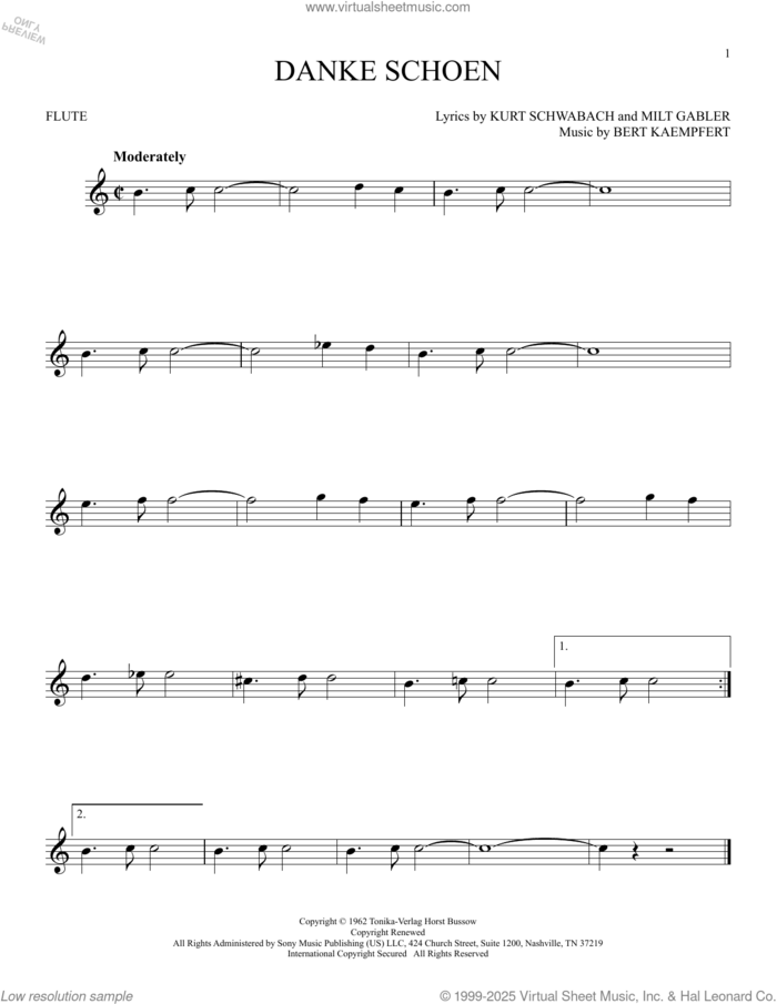 Danke Schoen sheet music for flute solo by Wayne Newton, Bert Kaempfert, Kurt Schwabach and Milt Gabler, intermediate skill level