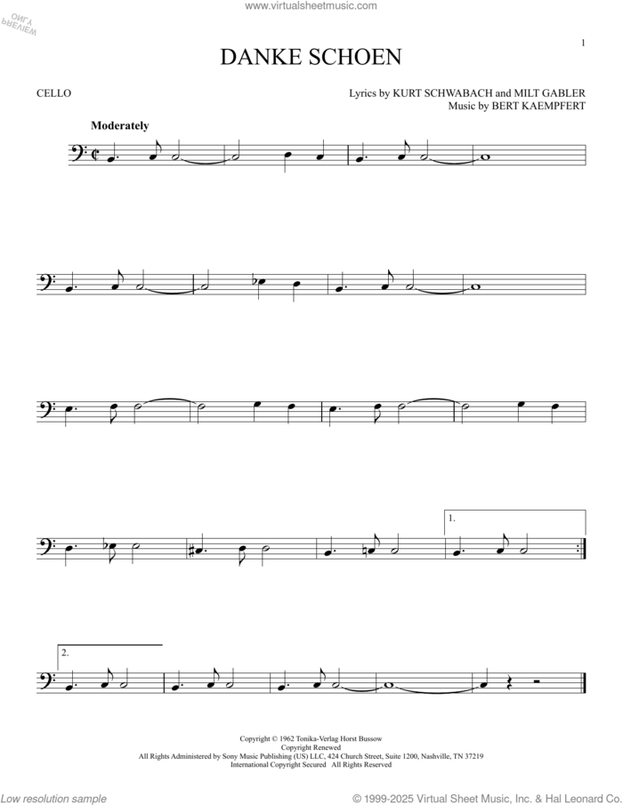 Danke Schoen sheet music for cello solo by Wayne Newton, Bert Kaempfert, Kurt Schwabach and Milt Gabler, intermediate skill level