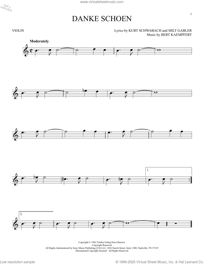 Danke Schoen sheet music for violin solo by Wayne Newton, Bert Kaempfert, Kurt Schwabach and Milt Gabler, intermediate skill level