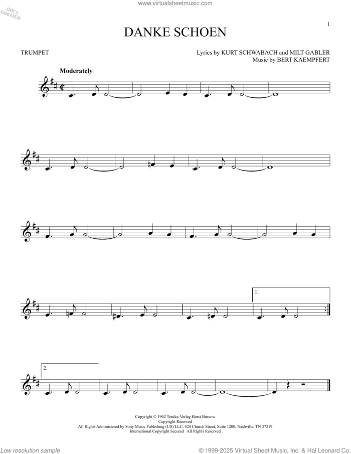 Danke Schoen sheet music for trumpet solo by Wayne Newton, Bert Kaempfert, Kurt Schwabach and Milt Gabler, intermediate skill level